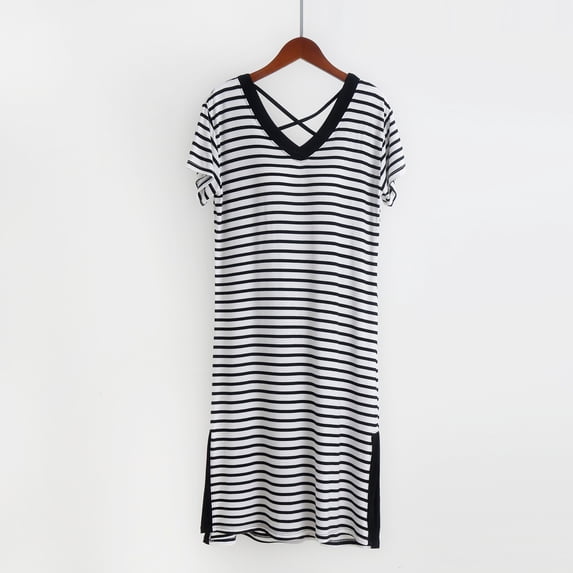 Blmnix Nightgown for Women Backless Nightgown Sleep Dresses Cotton Nightgowns Sleep Shirts Short Sleeve V-Neck Black Backless Nightgown,L