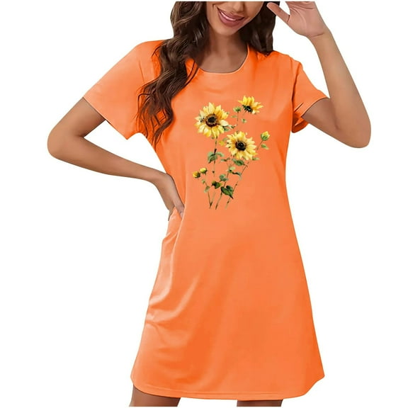 Blmnix Nightgowns for Women Moomoo Nightshirt Orange Short Sleeve Crew Neck Sleep Dress