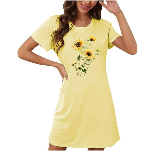 Blmnix Nightgowns for Women Moomoo Sleep Dress Crew Neck Yellow Short Sleeve Sleep Dress