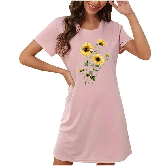 Blmnix Nightgowns for Women Mumu Loungewear Short Sleeve Pink Crew Neck Sleep Dress