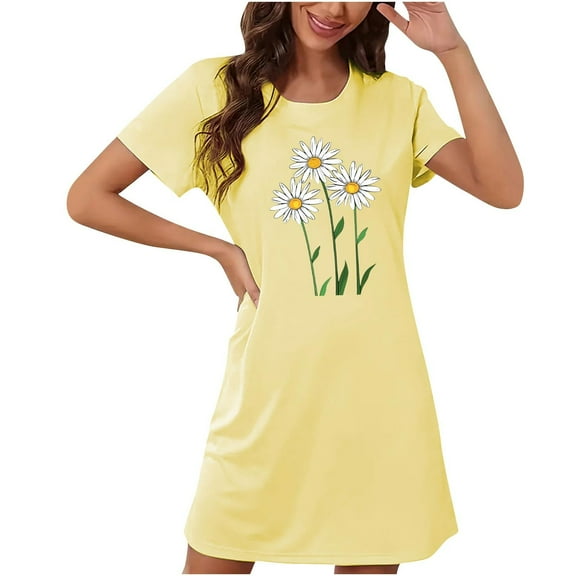 Blmnix Nightgowns for Women Mumu Sleep Shirt Yellow Crew Neck Short Sleeve Sleep Dress