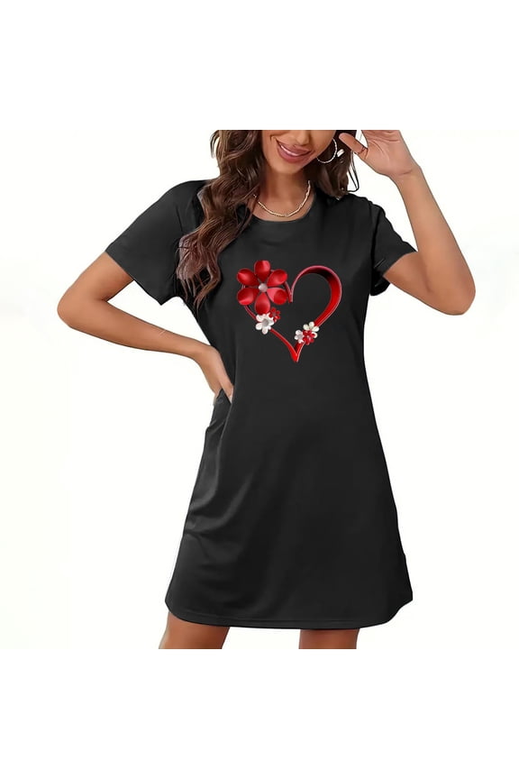 Nightgowns for Women Sexy Valentine Cotton Nightgowns Sleepshirts Sleep Dress Crew Neck Short Sleeve Short Black Bamboo Nightgowns for Women,L