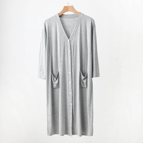 Blmnix Nightshirts Nightgowns for Women Button Down Nightgown Bamboo Nightgowns Night Shirts Below-the-Knee Gray 3/4 Sleeve V-Neck Moomoo Nightgown