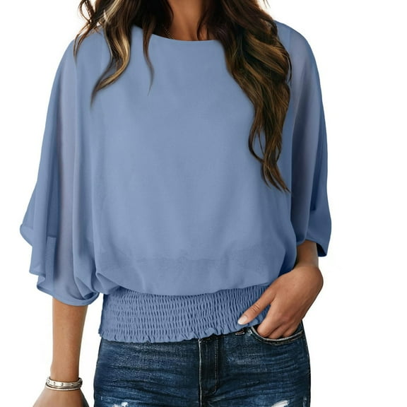 Blmnix Office Work Shirts Women Winter 3/4 Sleeve Blue Smocked Fall T Shirts for Women Crew Neck Blouse