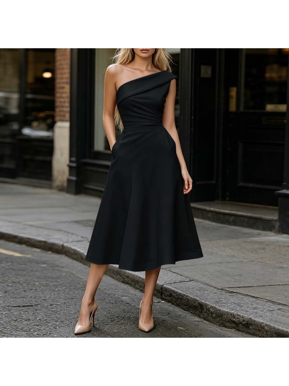 One Shoulder Woman Dress Cocktail Dresses Tent with Pockets Dresses Boat Neck Black Sleeveless Cocktail-Length Adjustable Waist Womens Dresses Summer M