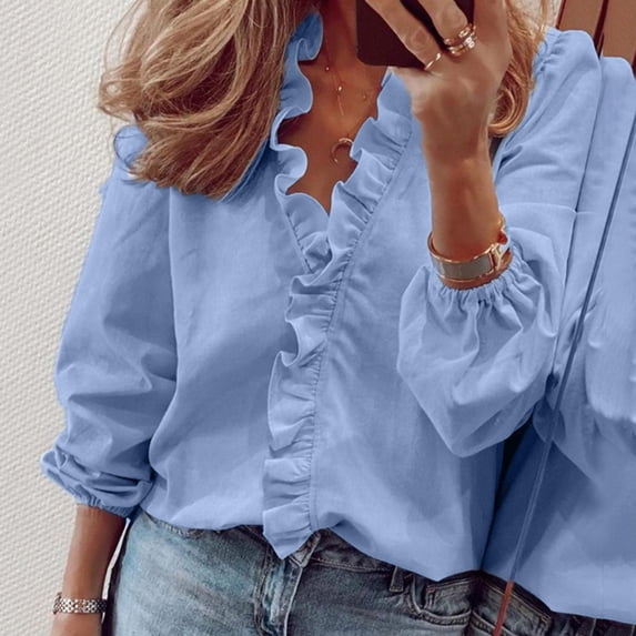 Blmnix Spring Tops for Women Blue Long Sleeve V-Neck Pleated Ruffle Loose Solid Blouse Fashion Tees