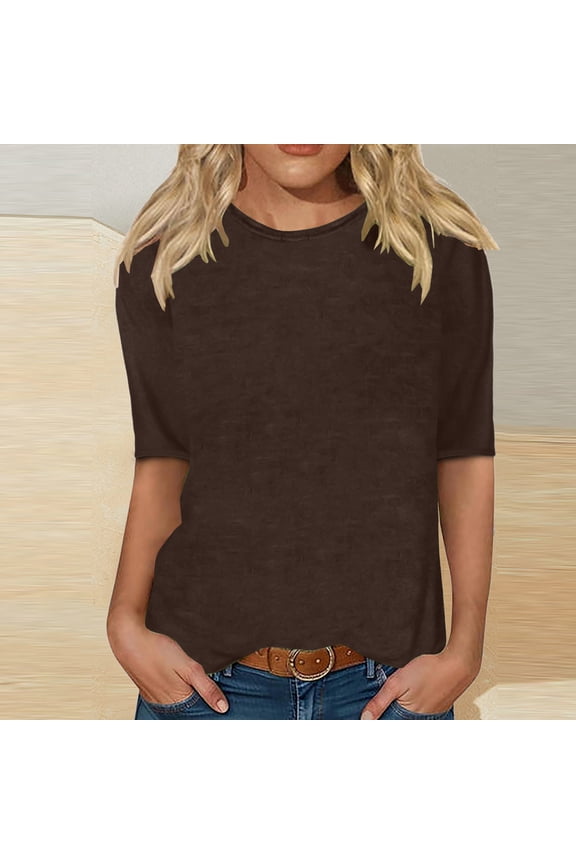 Outfits Teacher Outfits for Women Brown Plain Elbow-Length Women's Clothing Crew Neck Tops