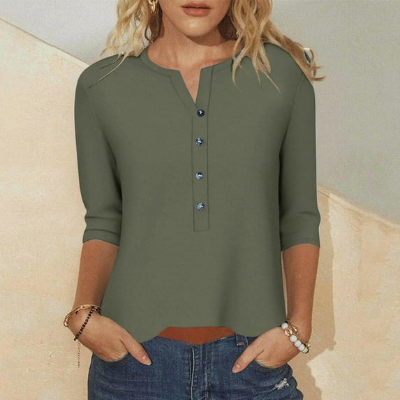 Blmnix Oversized Graphic Tshirts for Women Green Button Up Dressy Casual Ladies Shirts V-Neck 3/4 Sleeve Blouses