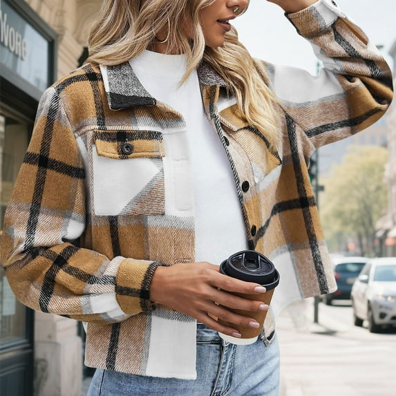 Blmnix Oversized Jackets Outfits Western Plaid Khaki Bomber Fall Tops Crop Cropped Tops