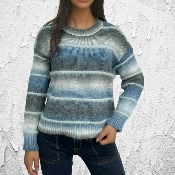 Blmnix Oversized Sweater Long Sleeve Blue Striped Crew Neck Womens Fall Blouses Pullover Ribbed Clothing