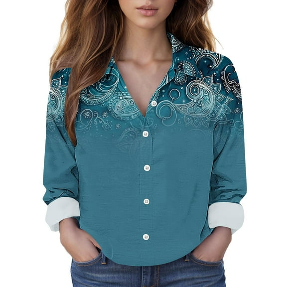 Blmnix Workout Tops Long Sleeve Print Collared Cute Womens Shirts Casual Workwear Tops