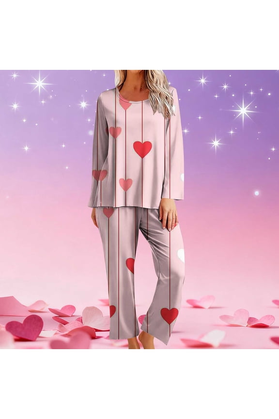 Pajama Pants Sleepwear Sets Heart Pajamas Valentines Pjs Pink Crew Neck Long Sleeve Ankle Straight-Leg Womens Pajamas Set,L