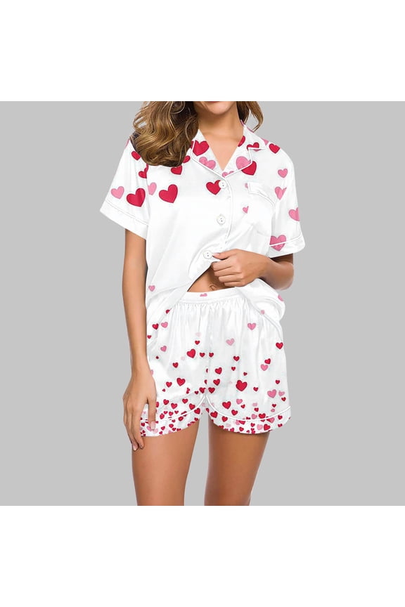 Pajama Pants Women Petite Pajamas Heart Pajamas Sleepwear Sets Pajamas Pink Collared Short Sleeve Short Women Pjs Sets,M