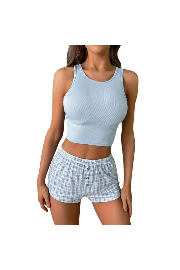 Pajama Set Cotton Pajamas Sexy Pajama Sleepwear Sets Pants Sleeveless Straight-Leg Blue Crew Neck Short Valentines Day Pjs,S