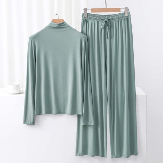 Blmnix Pajama Set Modal Pajamas Bamboo Pajamas Sleepwear Sets Pjs Long Sleeve Wide-Leg Mock Neck Green Full Womens Valentines Day Pajamas,XXL
