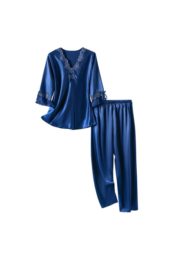 Pajama Sets Silk Pajamas Sleepwear Sets Petite Pajamas Tops Elbow-Length Blue Full Lace Neckline Ladies Pajamas Sets,XL