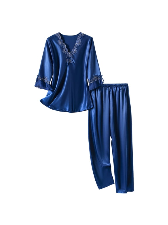 Pajama Sets Silk Pajamas Sleepwear Sets Petite Pajamas Tops Elbow-Length Blue Full Lace Neckline Ladies Pajamas Sets,XL