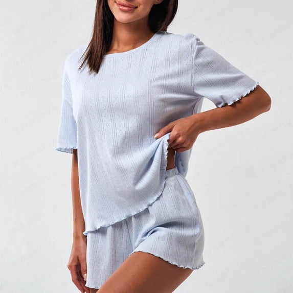 Blmnix Pajama Sets Sleepwear Sets Summer Pajamas 2 Piece Pjs Sets Straight-Leg Short Sleeve Blue Crew Neck Short Pajama Pants Women,XL