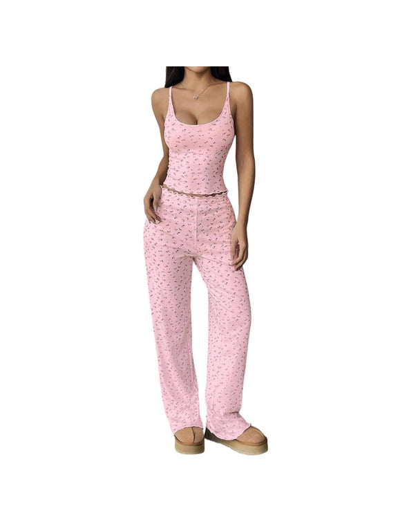 Pajamas for Women 2 Piece Pajama Set Sleepwear Sets Sexy Pajamas Pajama Pants Pink Square Neckline Sleeveless Long Soft Pajama Set for Women,M