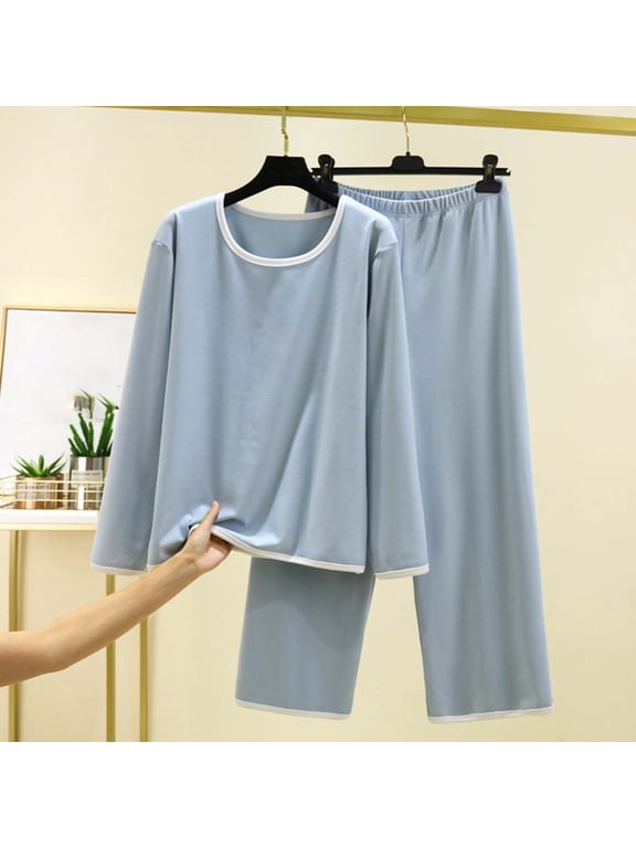 Pajamas for Women Petite Pajamas Sleepwear Sets Warm Pajamas Sleepwear Full Long Sleeve Crew Neck Blue Wide-Leg Womens Pajamas Set,L