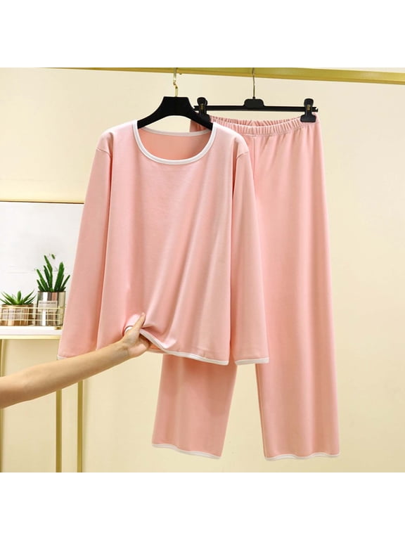 Pajamas for Women Petite Pajamas Warm Pajamas Sleepwear Sets Pjs Long Sleeve Pink Crew Neck Full Wide-Leg Pajama Shorts Women,XL