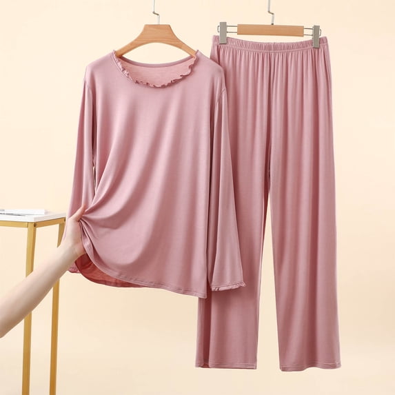 Blmnix Pajamas for Women Set Bamboo Pajamas 2 Piece Sleepwear Sets Pjs Long Sleeve Full Pink Crew Neck Wide-Leg Womens Summer Pajamas Sets,L