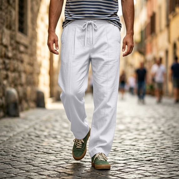 Blmnix Palazzo Pants Men Beach Pants Travel Pants Baggy Low Rise Pants Straight-Leg Long White Summer Pants,L