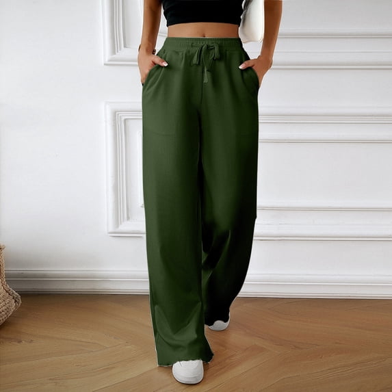 Blmnix Palazzo Winter Pants for Women Casual Pants Cotton Pants Trousers Wide-Leg High Green Relaxed Fit Long Womens Pants Trendy,XL
