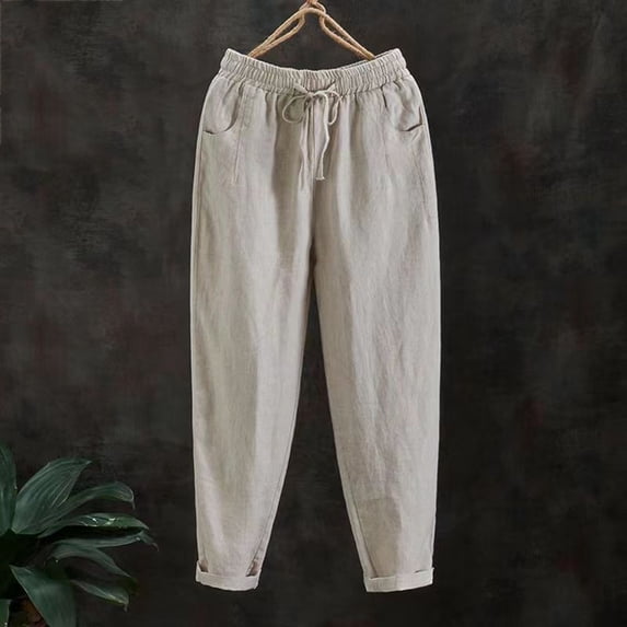 Blmnix Palazzo Womens Pants Cotton Pants Plus Size Leggings High Taper Full Relaxed Fit Beige Trouser Jeans for Women,M