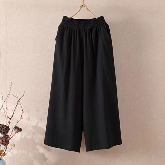 Blmnix Pants Women Palazzo Flowy Pants Cotton Linen Jeans Wide Leg High Waisted Baggy Black Cropped Sweatpants for Women,L