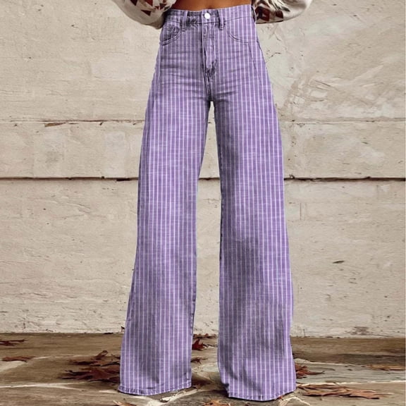 Blmnix Pants Women Palazzo Plus Size Pants Striped Pants Trousers Baggy High Waisted Purple Flare-Leg Long Womens Pants Casual,S