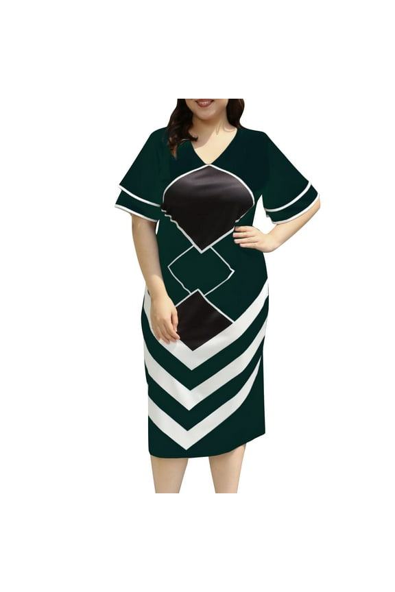 Party Dresses for Women Peplum Satin Plus Size Petticoat Green Cocktail-Length V-Neck Short Sleeve Sweater Dress,XXL