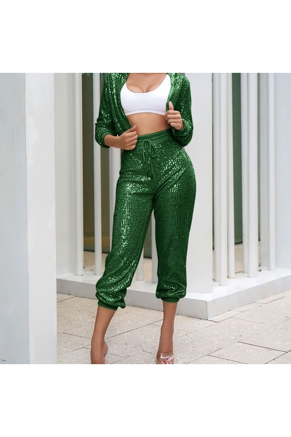 Party Stretch Active Pants for Women Green Pocket Sequin Cute Pants Jogger High Waist Ankle Length Joggers Trousers