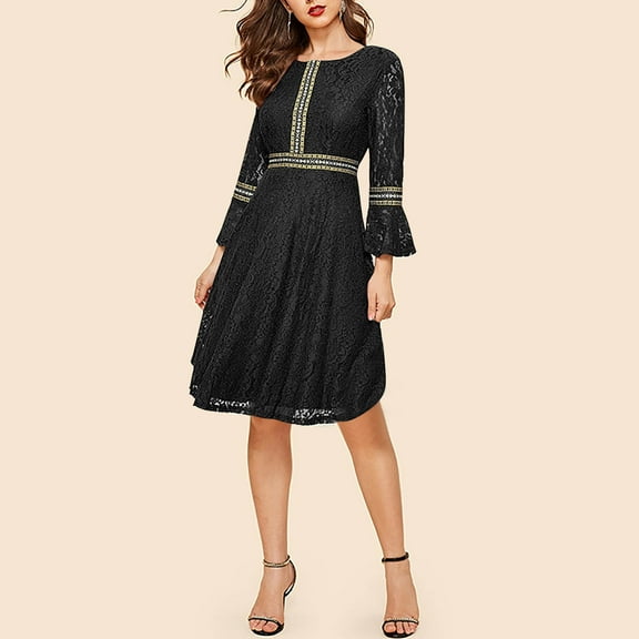 Blmnix Peplum Summer Dresses for Women Elegant Lace Dresses 3/4 Sleeve Black Cocktail-Length Crew Neck Party Dress,L