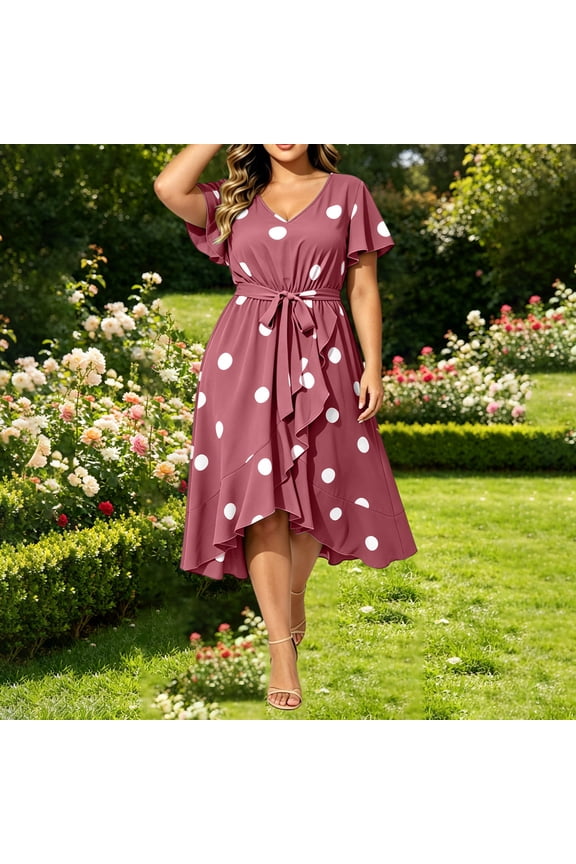 Peplum Woman Dress Polka Dot Dress Plus Size Dresses for Curvy Hawaiian Dress Pink Mid-Length V-Neck Short Sleeve Women's Casual Dresses XXXXL