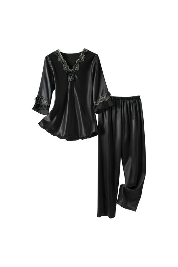 Petite Pajamas Pajama Set Silk Pajamas Sleepwear Sets Pjs Lace Neckline Full Elbow-Length Black Woman Pajama Set,L