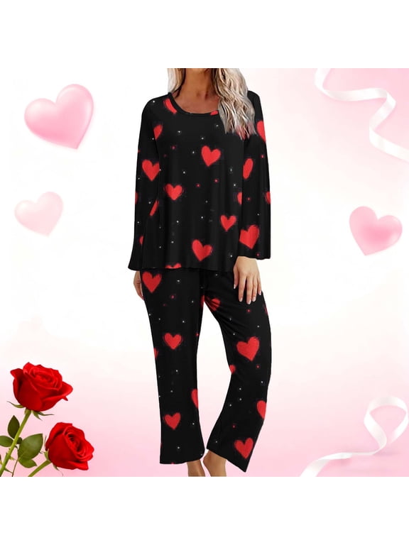 Petite Pajamas Pajama Sets Valentines Sleepwear Sets Pjs Long Sleeve Crew Neck Ankle Black Women Pjs Sets,XL