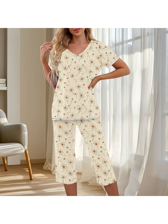 Petite Pajamas Valentine Pjs Women Sleepwear Sets Cotton Pajamas Pjs Crew Neck Beige Short Sleeve 7/8th Woman Pajama Set,S