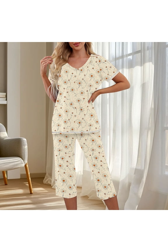 Petite Pajamas Valentine Pjs Women Sleepwear Sets Cotton Pajamas Pjs Crew Neck Beige Short Sleeve 7/8th Woman Pajama Set,S