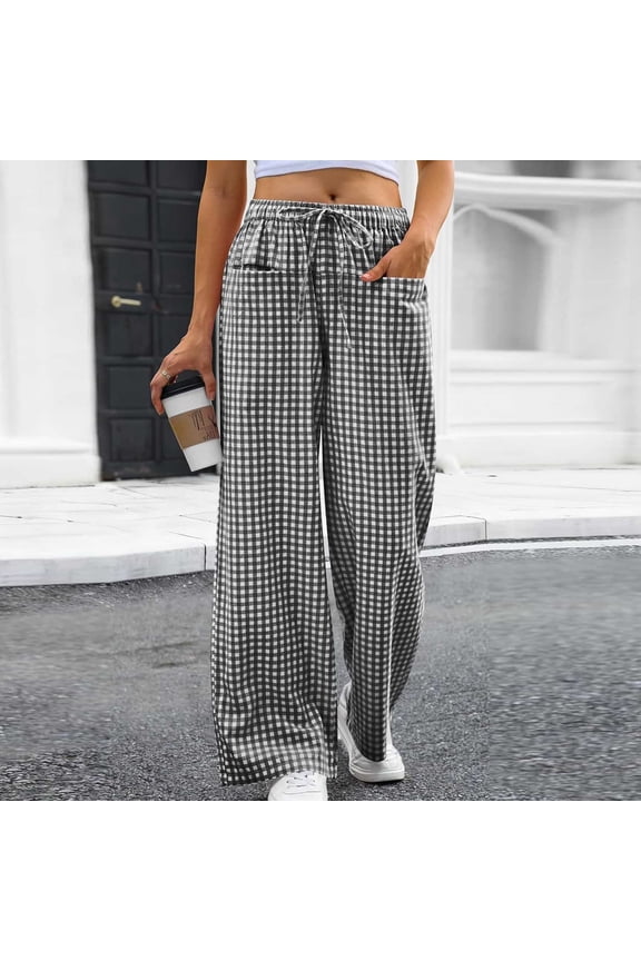 Petite Pants Pants for Women Trendy Palazzo Plaid Pants Leggings Gray Long Flare-Leg High Trouser Jeans for Women,XL
