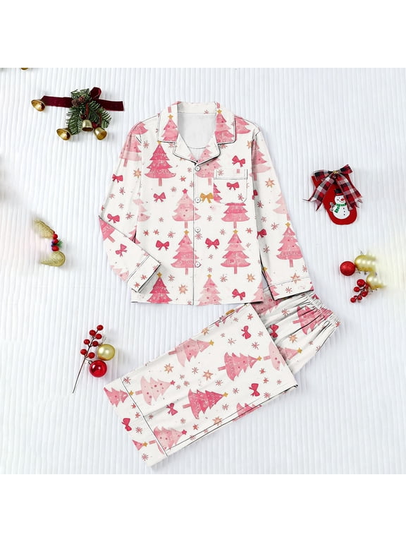 Petite Women Pajamas Button Up Pajamas for Women Christmas Pajamas Sleepwear Sets Pjs Pink Long Sleeve Collared Full Womens Summer Pajamas,L