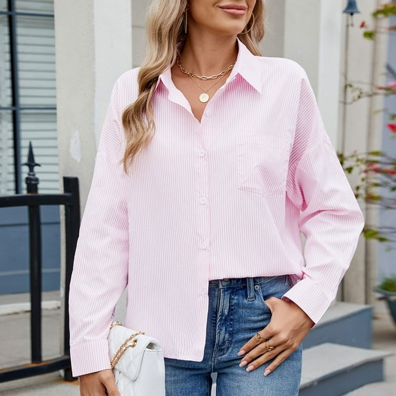 Blmnix Pink Button Down Shirts for Women Front Tie Pinstripe Gathered Waist Long Sleeve Tops for Women V-Neck Long Sleeve Blouses