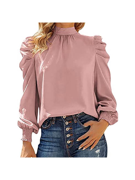 Blmnix Pink Fall Womens Tops Long Sleeve Silk Puff Sleeve Casual Solid Blouse Womens Blouses 2024