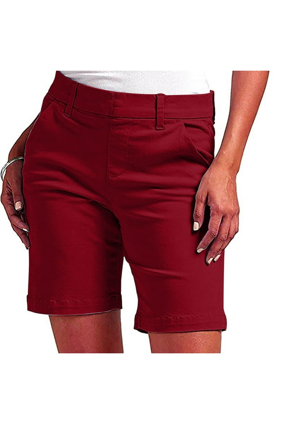 Blmnix Red Shorts for Women Dressy Spring Solid High Pocket Polyester Plus Size Bermuda Stretchy Pants for Women