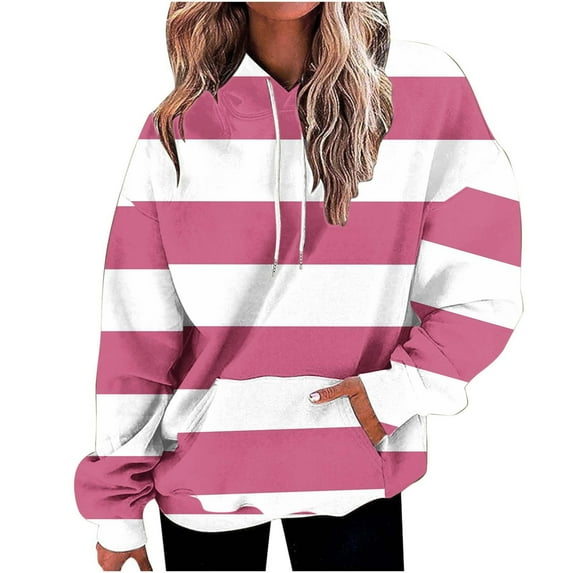 Blmnix Pink Womens Sweatshirt Work Pocket Striped Plus Size Womens Tops Hooded Hoodie Long Sleeve Tops