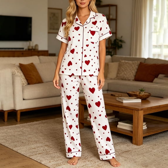 Blmnix Pjs Sets for Women 2 Piece Pajama Set Button Up Pajamas for Women Sleepwear Sets Pjs Sets Red Short Sleeve Collared Full Womens Pajama Sets Shorts,XL
