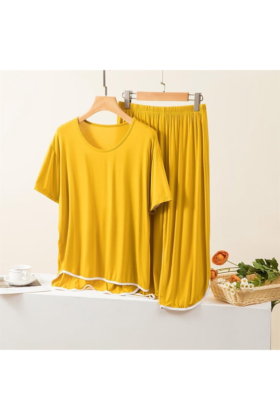 Pjs Sets for Women Bamboo Pajamas Sleepwear Sets Modal Pajamas Sleepwear Crew Neck Yellow Short Sleeve Wide-Leg 7/8th Pajama Shorts Women,L