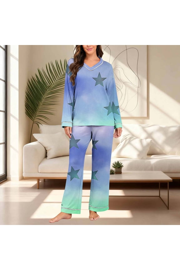 Pjs Sets for Women Cotton Pajamas Cute Pajama Sleepwear Sets Pjs Full Blue Long Sleeve V-Neck Straight-Leg Ladies Pajamas Sets,S