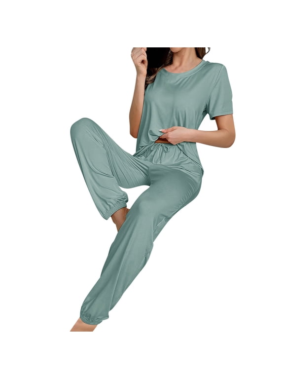 Pjs Sets for Women Petite Pajamas Bamboo Pajamas Sleepwear Sets Sleepwear Crew Neck Green Short Sleeve Full Pajama Set Women,S
