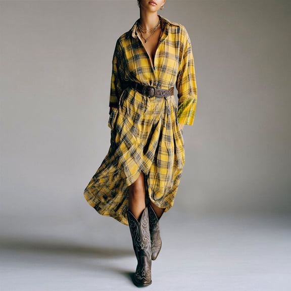 Blmnix Plaid Girls Dresses Button High-Low Skirts Long Sleeve Collared Yellow Skirts for Women,XXL